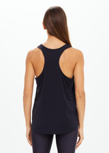 THE UPSIDE women's black Dri Release Markova Tank is a sleeveless longline tank made from our fast-drying, dri release performane fabric and features a printed arrow logo on back.