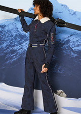 THE UPSIDE women’s navy Hakuba Kiki Ski Suit is a long sleeve full-length ski suit and features a zip opening, an elasticated removable belt and bonded fleece underside for extra warmth. Designed for Après-ski and winter wear.