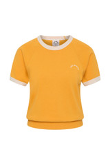 THE UPASIDE women’s yellow organic cotton Daisy Salome Tee has a regular fit with a soft ribbed neckline and cream contrast panels on the shoulders. Made for lifestyle. THE UPASIDE women’s yellow organic cotton Daisy Salome Tee has a regular fit with a soft ribbed neckline and cream contrast panels on the shoulders. Made for lifestyle.