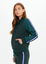 THE UPSIDE women’s green Maneki Pari Zip Jacket in Lenzing viscose features a zip-through design with striped knit tape down the sleeves. Made for everyday leisure.