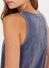 THE UPSIDE women's blue recycled cotton Soho Kapri Racerback Tank has a relaxed fit with fabric-covered buttons at the scoop neck. Made for lifestyle.