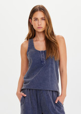 THE UPSIDE women's blue recycled cotton Soho Kapri Racerback Tank has a relaxed fit with fabric-covered buttons at the scoop neck. Made for lifestyle.