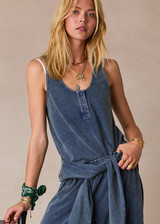 THE UPSIDE women's blue recycled cotton Soho Kapri Racerback Tank has a relaxed fit with fabric-covered buttons at the scoop neck. Made for lifestyle.