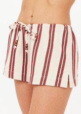 THE UPSIDE women's stripe organic cotton Baja Lucie Drawstring Short has a low-rise cheeky fit, soft elastic waistband, and wooden bead ends on the drawcord. Made for lifestyle.