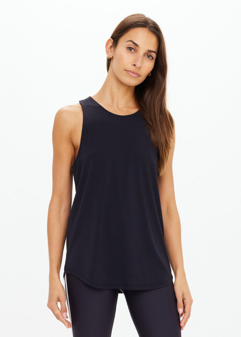THE UPSIDE women's black Dri Release Markova Tank is a sleeveless longline tank made from our fast-drying, dri release performane fabric and features a printed arrow logo on back.