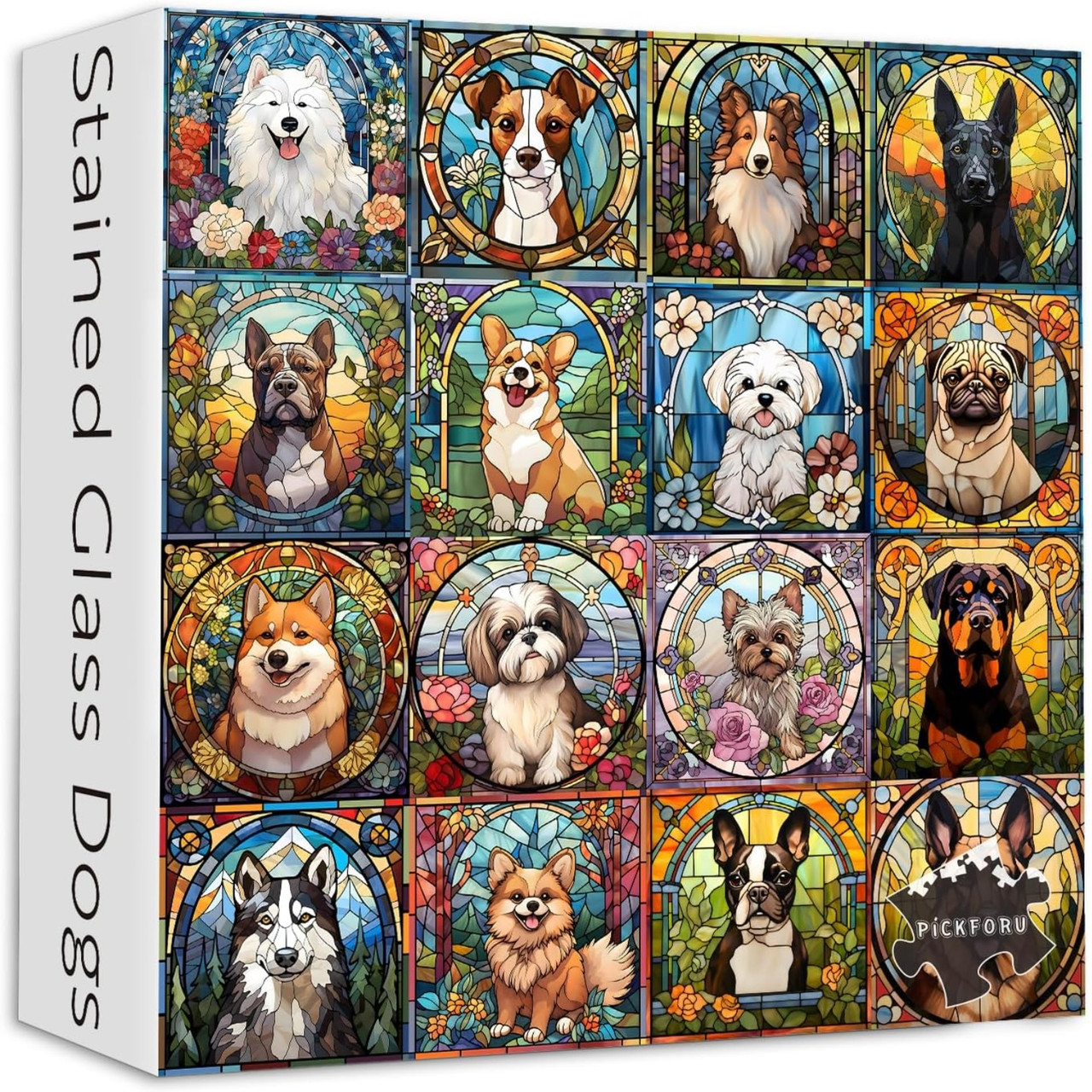 Close-up of stained glass dog puzzle box showing vibrant glass-like detailing and bold colours