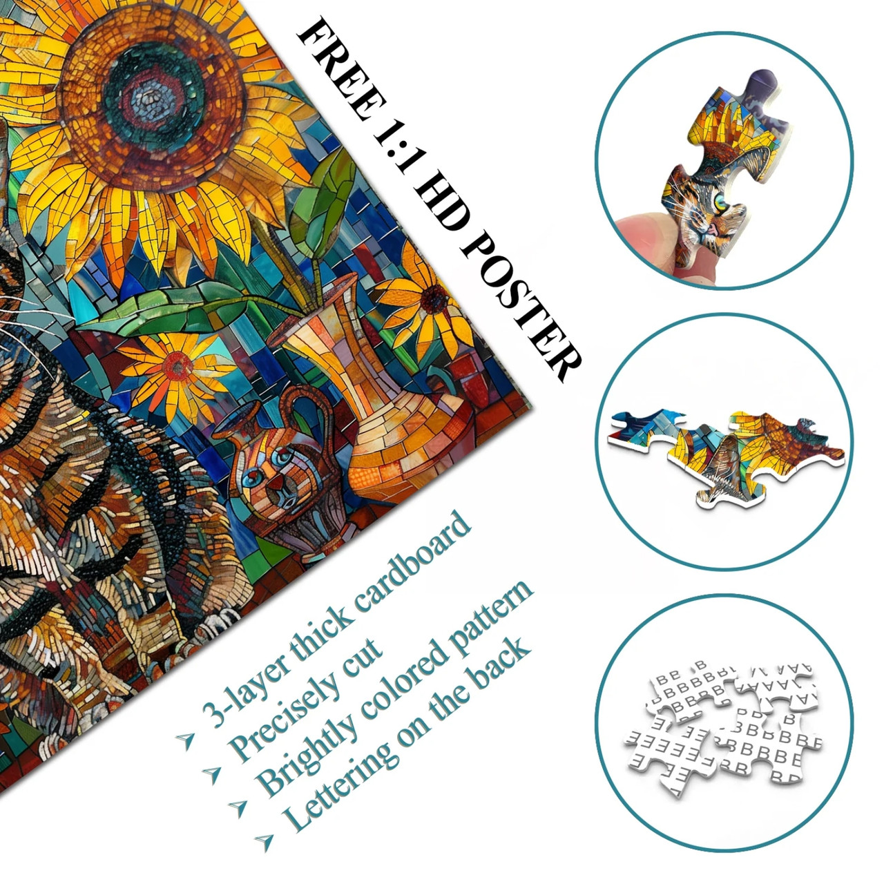 Sunflower Cat 1000 Piece Jigsaw Puzzle for Adults - 3 layer thick cardboard, Precisely cut, Brightly colored pattern, Letters on the back of the puzzle