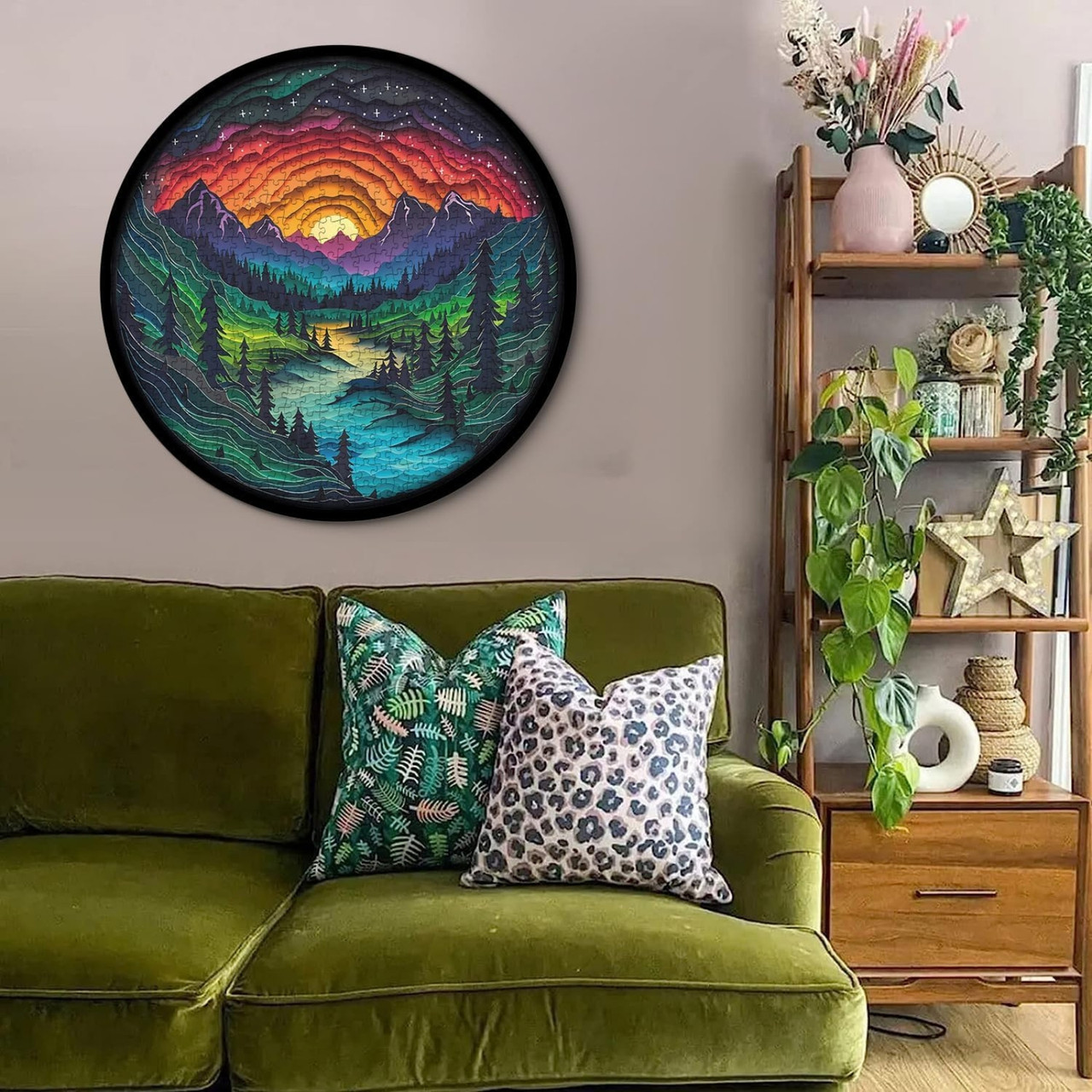 Forest Dreamscape puzzle framed and hung – soft lighting and calming forest scene as wall art