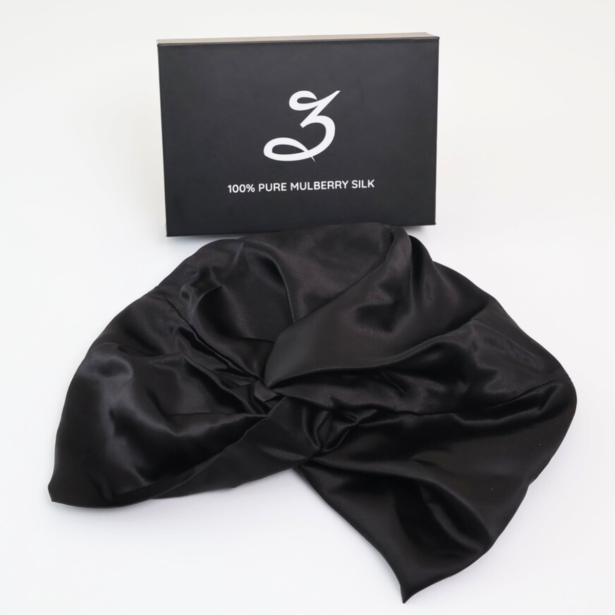 Silk Bonnet Black Double Layer Twisted Front Design with Elastic on the Back for Adustment 22 Momme 100% Mulberry Silk Grade 6A