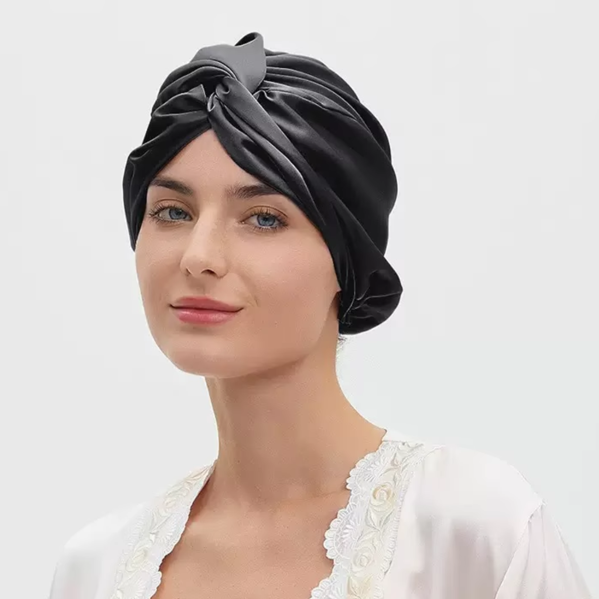 Silk Bonnet Black Double Layer Twisted Front Design with Elastic on the Back for Adustment 22 Momme 100% Mulberry Silk Grade 6A