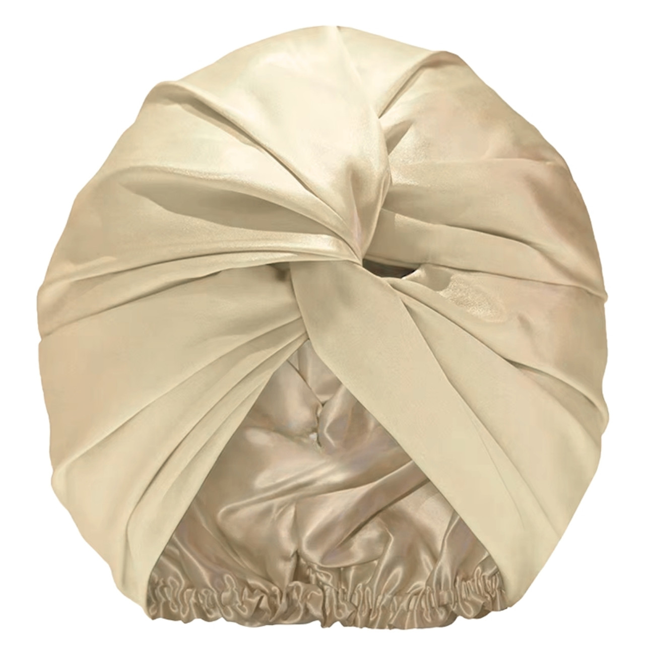 Champagne 100% Mulberry Silk Sleep Cap with double twisted front design and elasticated back – ideal for protecting hair overnight and reducing frizz.