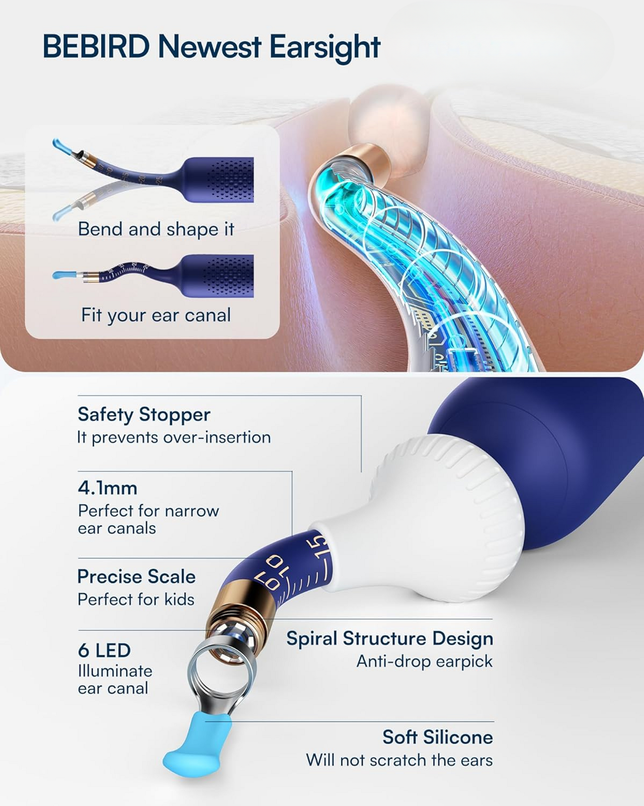 Bebird EarSight Plus smart ear cleaner with safety stopper, soft silicone tips, and LED lights for safe use