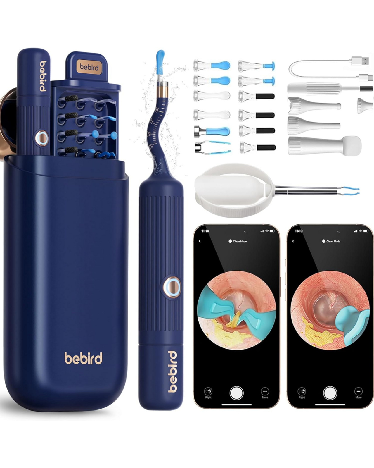 The complete Bebird EarSight Plus ear wax removal kit, including the smart tool, charging base, and multiple soft silicone spoons.