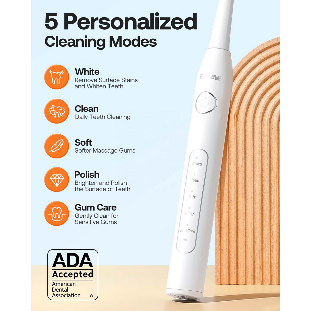 Bitvae Electric Toothbrush with 5 Personlized Cleaning Modes, White: Removes Surface Stains and Whiten Teeth, Clean: Daily Teeth Cleaning, Soft: Softer Massage Gums, Polish: Brighten and Polish the Surface of Teeth, Gum Care: Gently Clean for Sensitive Gums. American Dental Association Accepted Electric Toothbrush