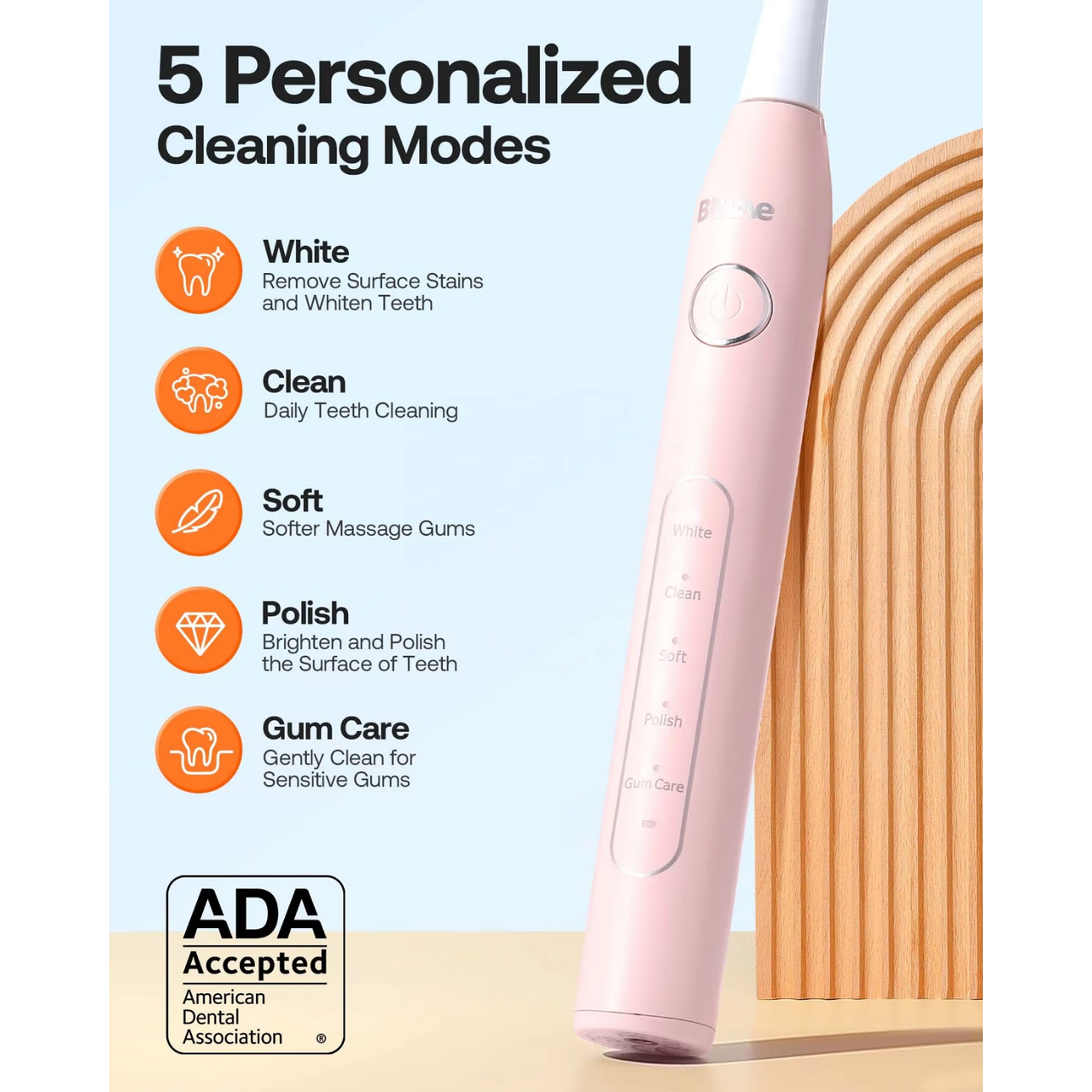 Bitvae Electric Toothbrush with 5 Personlized Cleaning Modes, White: Removes Surface Stains and Whiten Teeth, Clean: Daily Teeth Cleaning, Soft: Softer Massage Gums, Polish: Brighten and Polish the Surface of Teeth, Gum Care: Gently Clean for Sensitive Gums. American Dental Association Accepted Electric Toothbrush