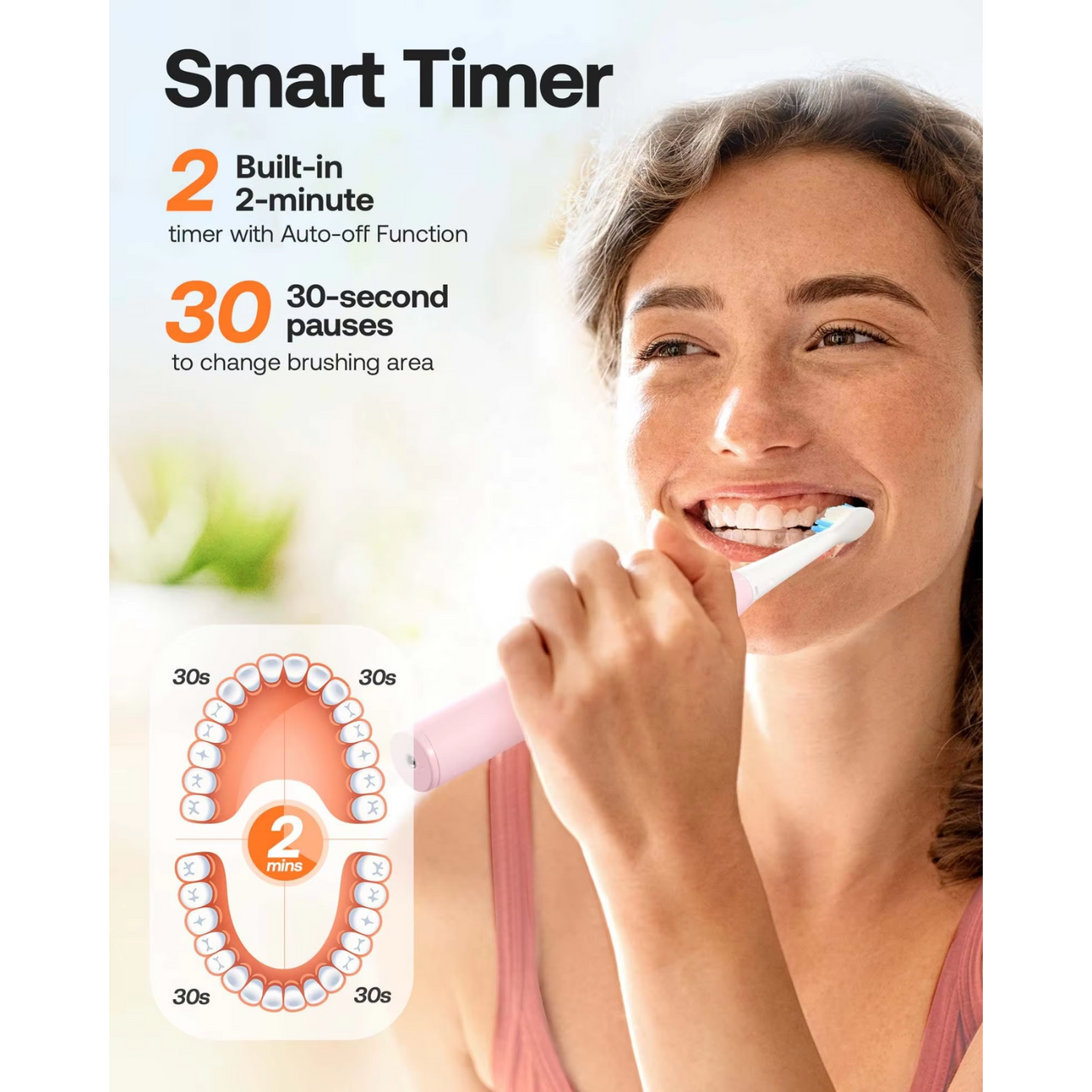Bitvae Electric Toothbrush NZ Built-in 2 minute timer with auto-off function. 30 Seconds pauses to change brushing area