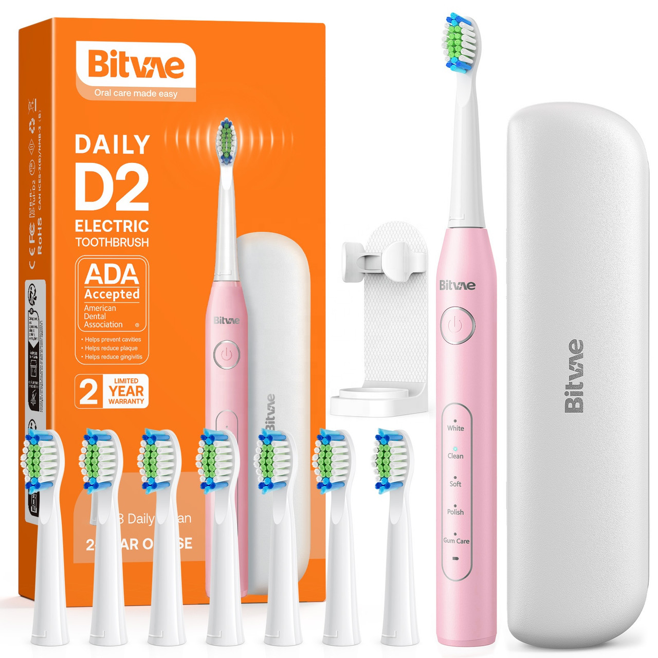 Bitvae Sonic Pink Electric Toothbrush for Adults and Kids ADA Accepted Travel Electric Toothbrush Rechargeable, 60-Day Battery, 8 Heads, 5 Modes, Case
