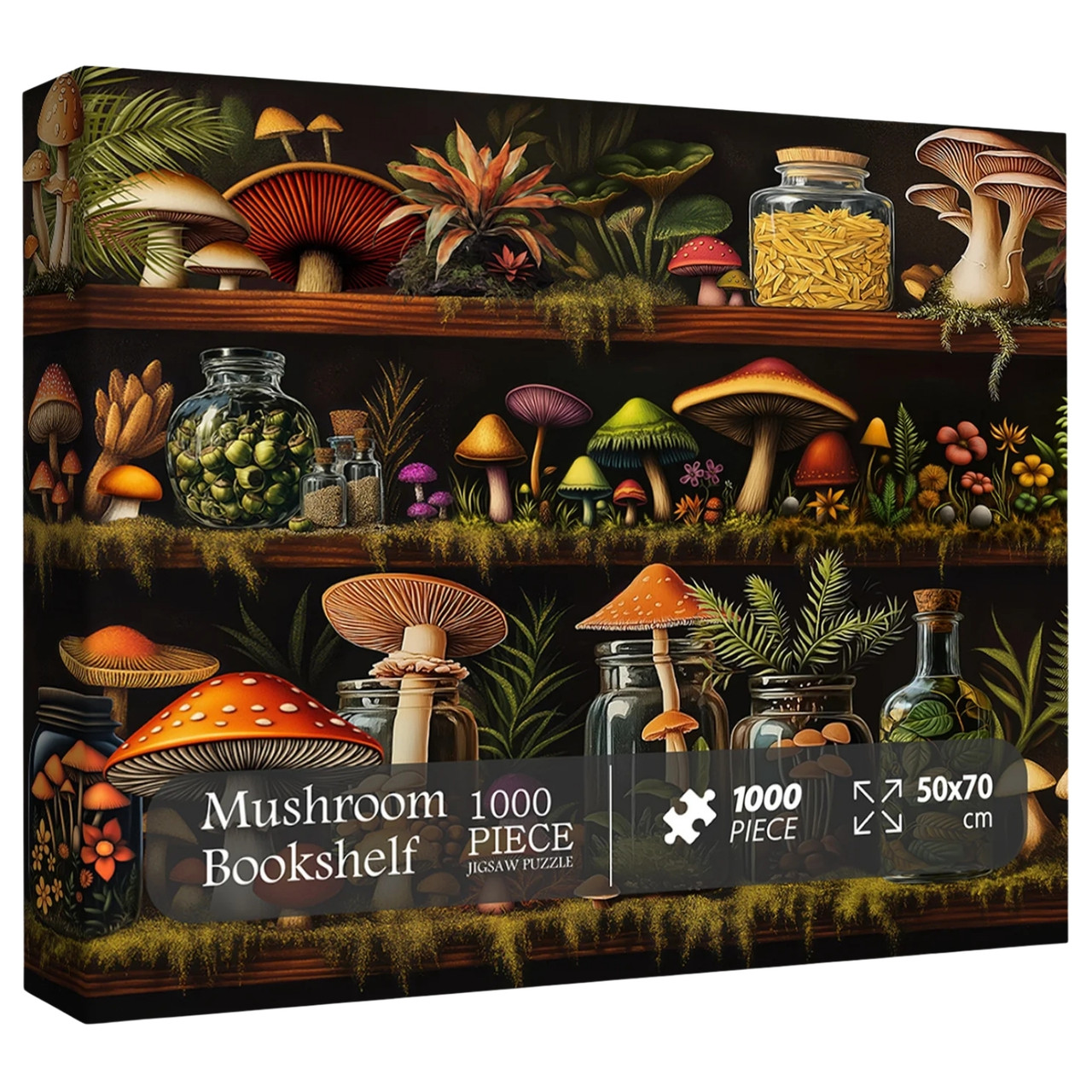 Beautiful Mushroom Bookshelf Puzzles for Adults 1000 Pieces, Colorful Plant Bottle Art, Pretty Scenic Painting Fantasy Puzzle