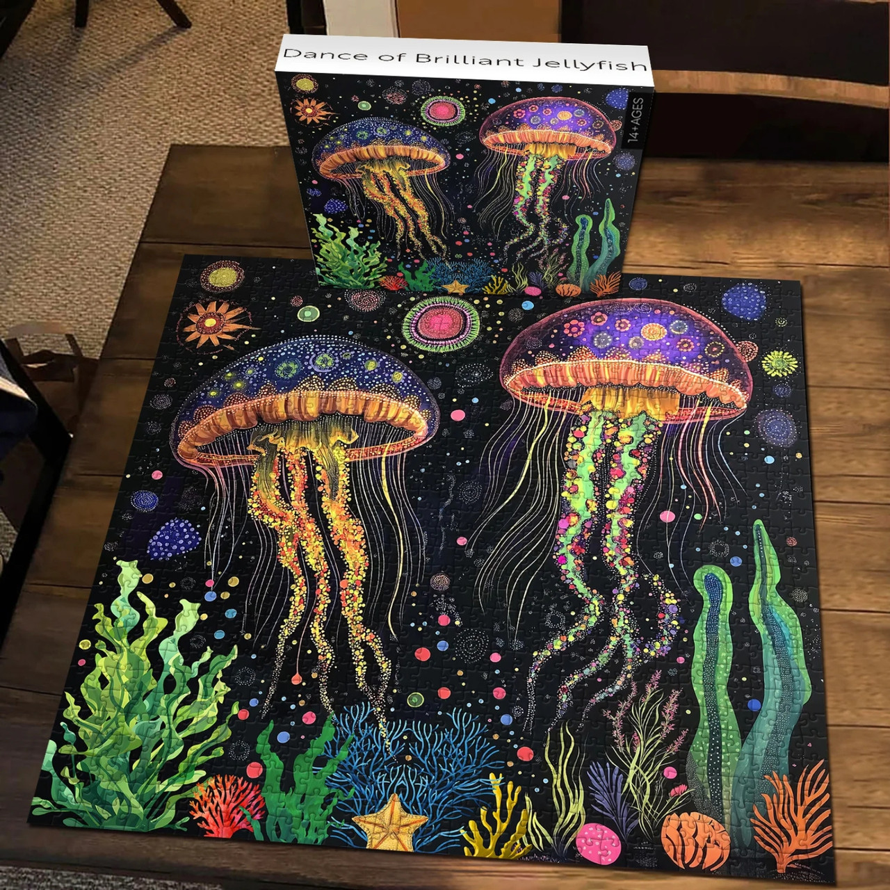 Dance of Brilliant Jellyfish 1000 Piece Jigsaw Puzzle for Adults - Completed with Box