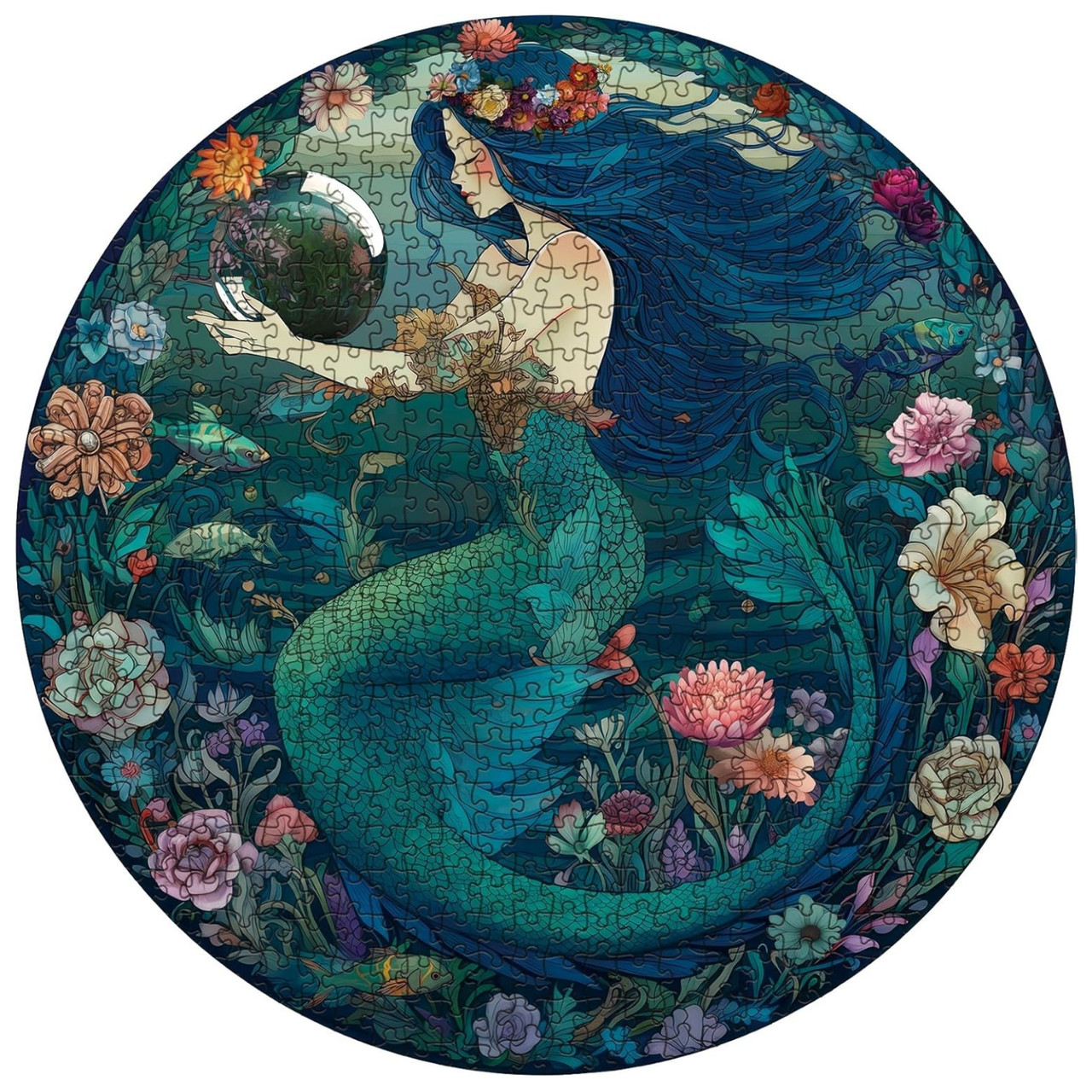 Sea Mermaid 1000 Piece Jigsaw Puzzle for Adults - Completed Round Jigsaw Puzzle