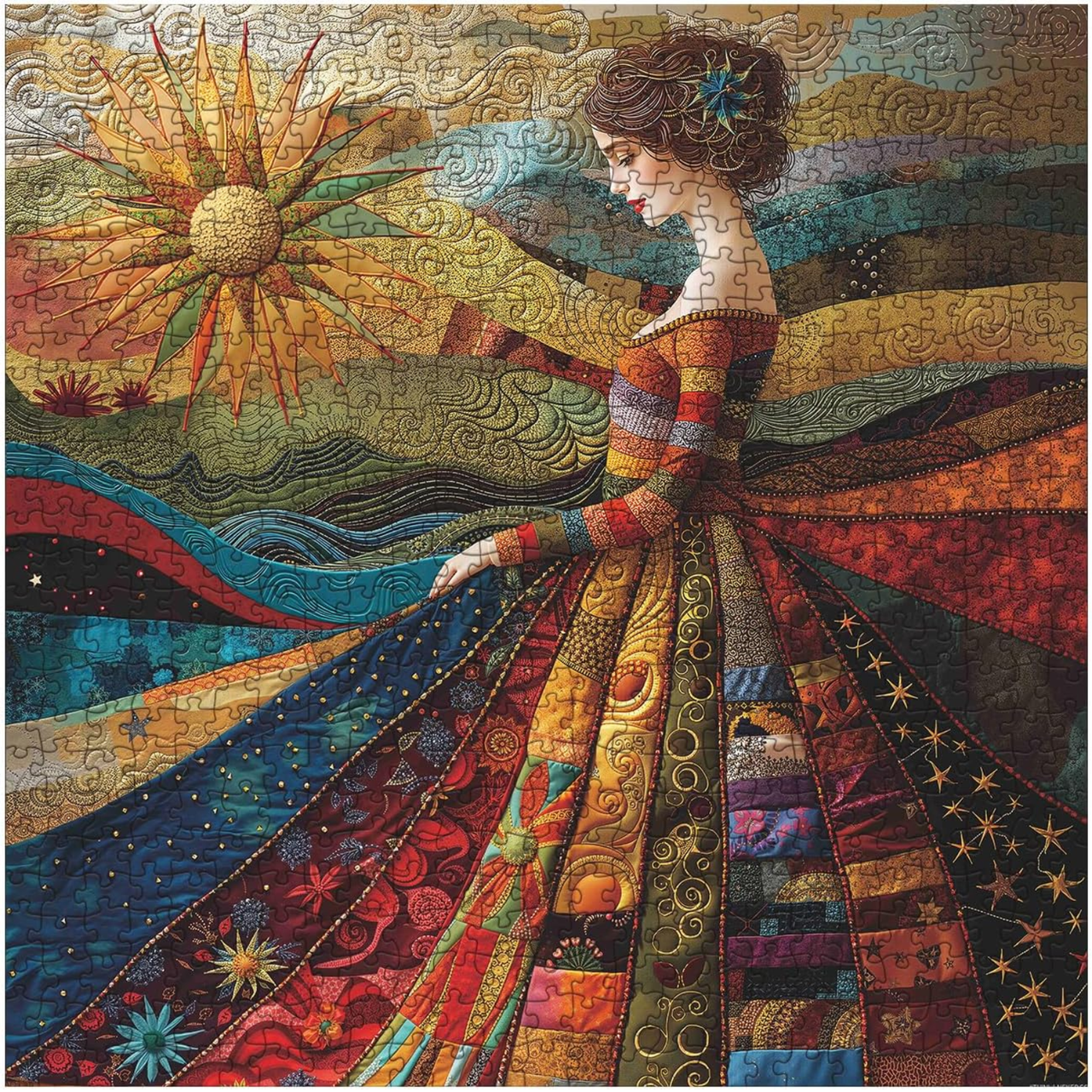 Vintage Woman Patch Puzzle for Adults 1000 Pieces, Pretty Quilt Sewing Jigsaw Puzzle, Colorful Impossible Art Puzzle