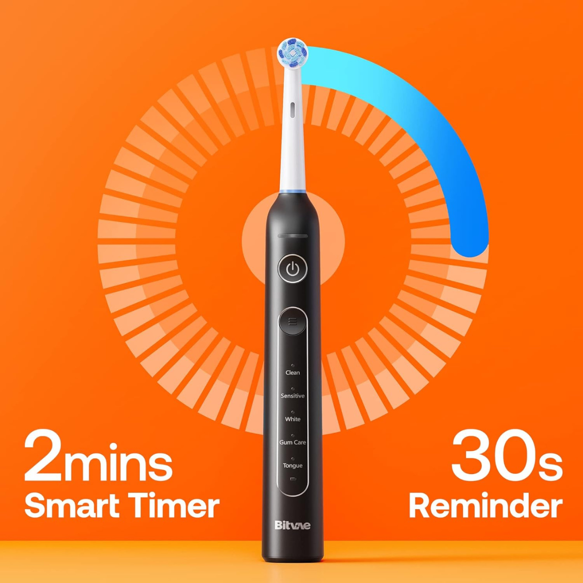 Bitvae R2 Rotating Electric Toothbrush with Pressure Sensor, 8 Brush Heads, 5 Modes, USB Rechargeable, Travel Case, 2-Minute Timer, Waterproof, Black