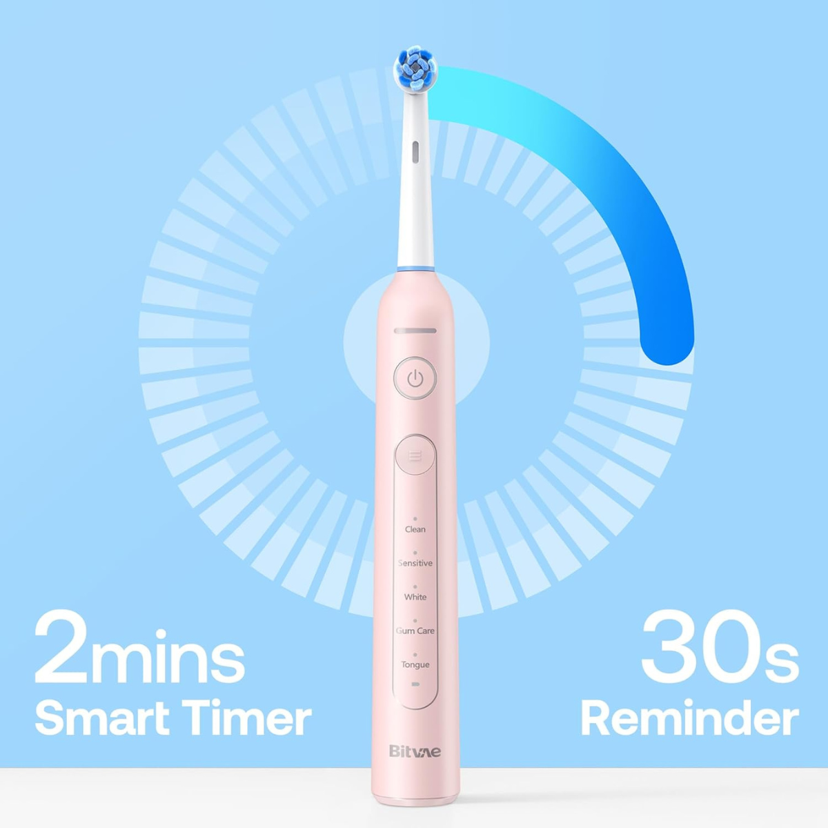 Bitvae R2 Rotating Electric Toothbrush with Pressure Sensor, 8 Brush Heads, 5 Modes, USB Rechargeable, Travel Case, 2-Minute Timer, Waterproof, Pink