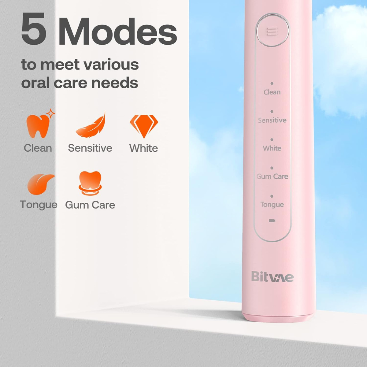 Bitvae R2 Rotating Electric Toothbrush with Pressure Sensor, 8 Brush Heads, 5 Modes, USB Rechargeable, Travel Case, 2-Minute Timer, Waterproof, Pink