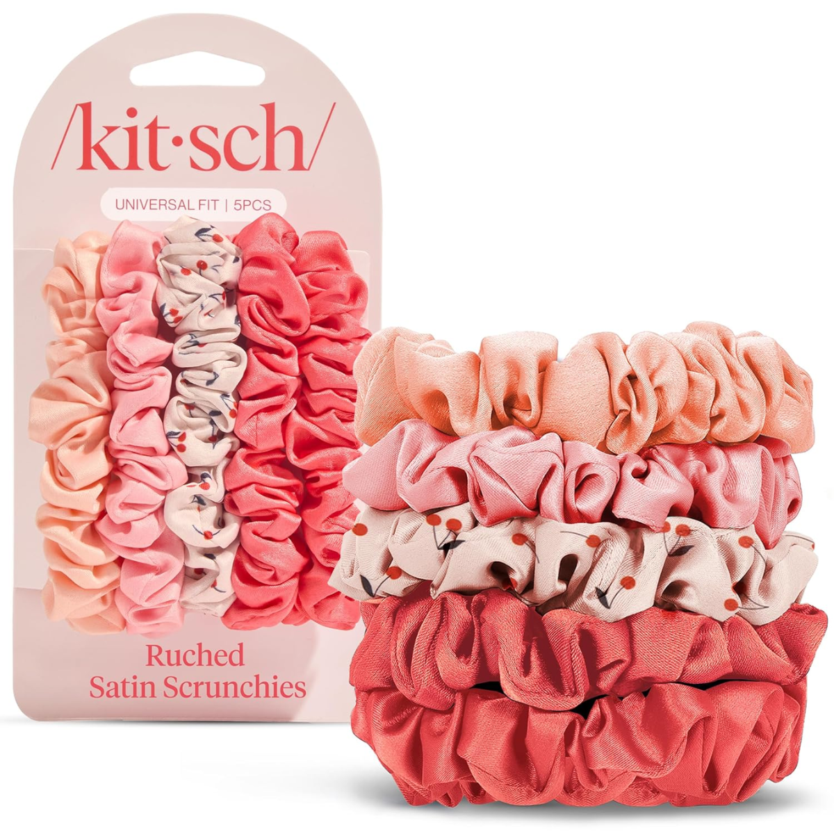 Kitsch Satin Scrunchies No Crease Hair Ties for All Hair Types 5pc Set - Assorted Cherry Blossom