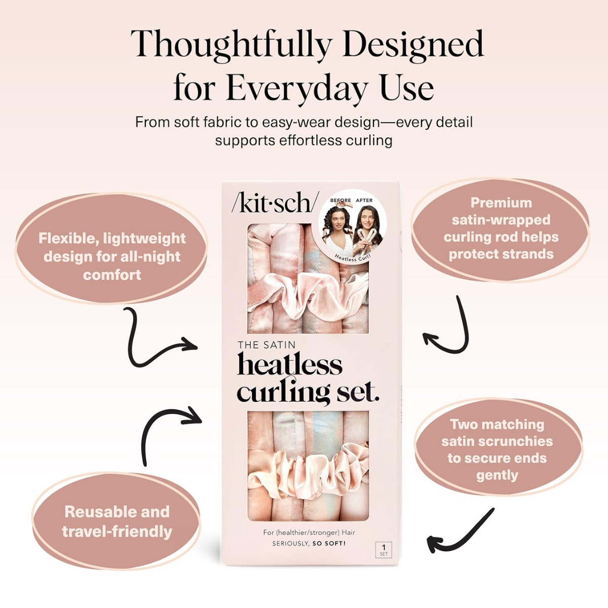 Kitsch Satin Heatless Curling Set – Heatless Curls Overnight with 34" Hair Curler & 2 Satin Scrunchies – Comfortable Hair Curlers to Sleep In for Frizz-Free, No Heat Damage Styling - Sunset Tie Dye