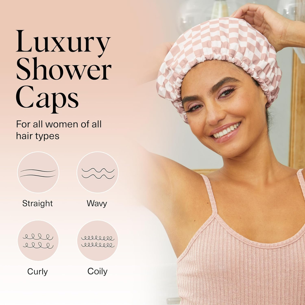 Kitsch Luxury Shower Caps for Women Reusable Waterproof - Flexi Satin Lined, Large Wide Shower Cap for Women & Men, Adjustable, Stylish Hair Cap for Shower, For Long & Short Hair - Terracotta Checker