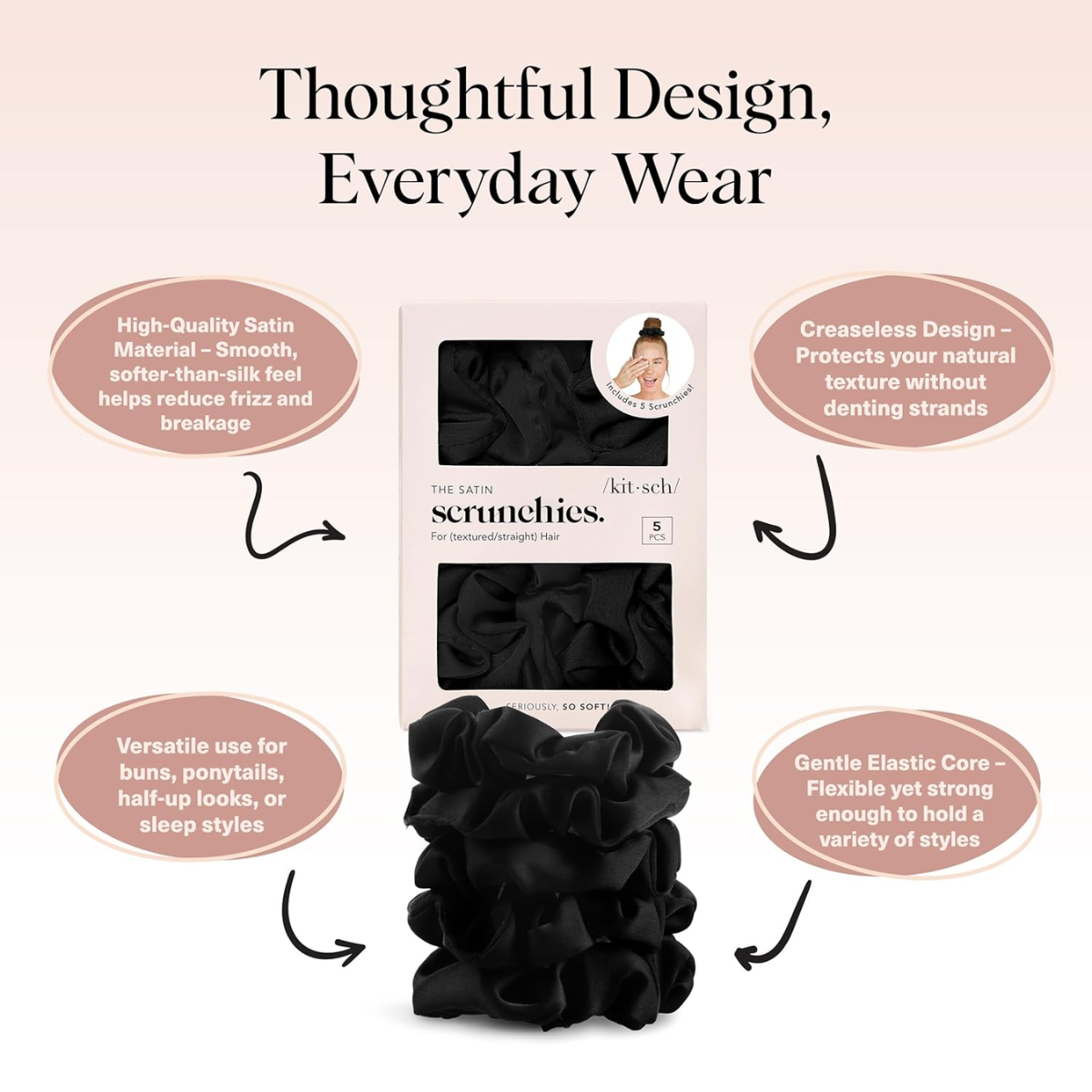 Kitsch Satin Scrunchies for Women – No Crease Hair Ties – Soft Satin Hair Scrunchies for Girls – Frizz Free, Gentle, Stylish Hair Accessories | Ideal Gifts for Women – Black, 5 pcs