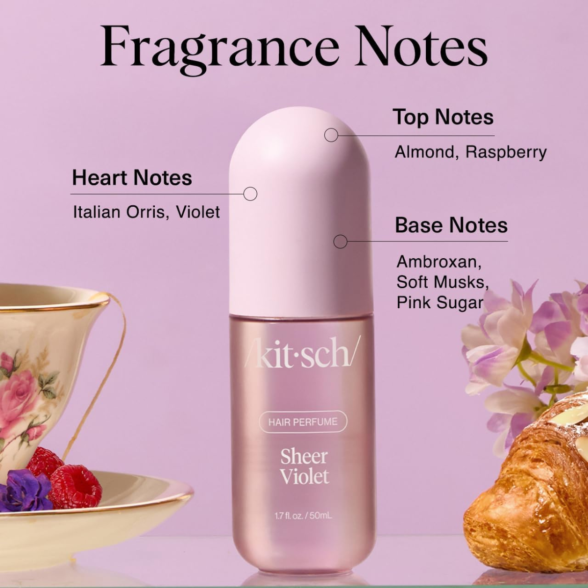 Kitsch Hair Perfume for Women - Sheer Violet | Clean, Deodorizing & Patented Odor-Eliminating Technology Hair Spray & Body Mist - Freshen Hair, Body & Pillows - Raspberry, Soft Musk Scent - 50mL