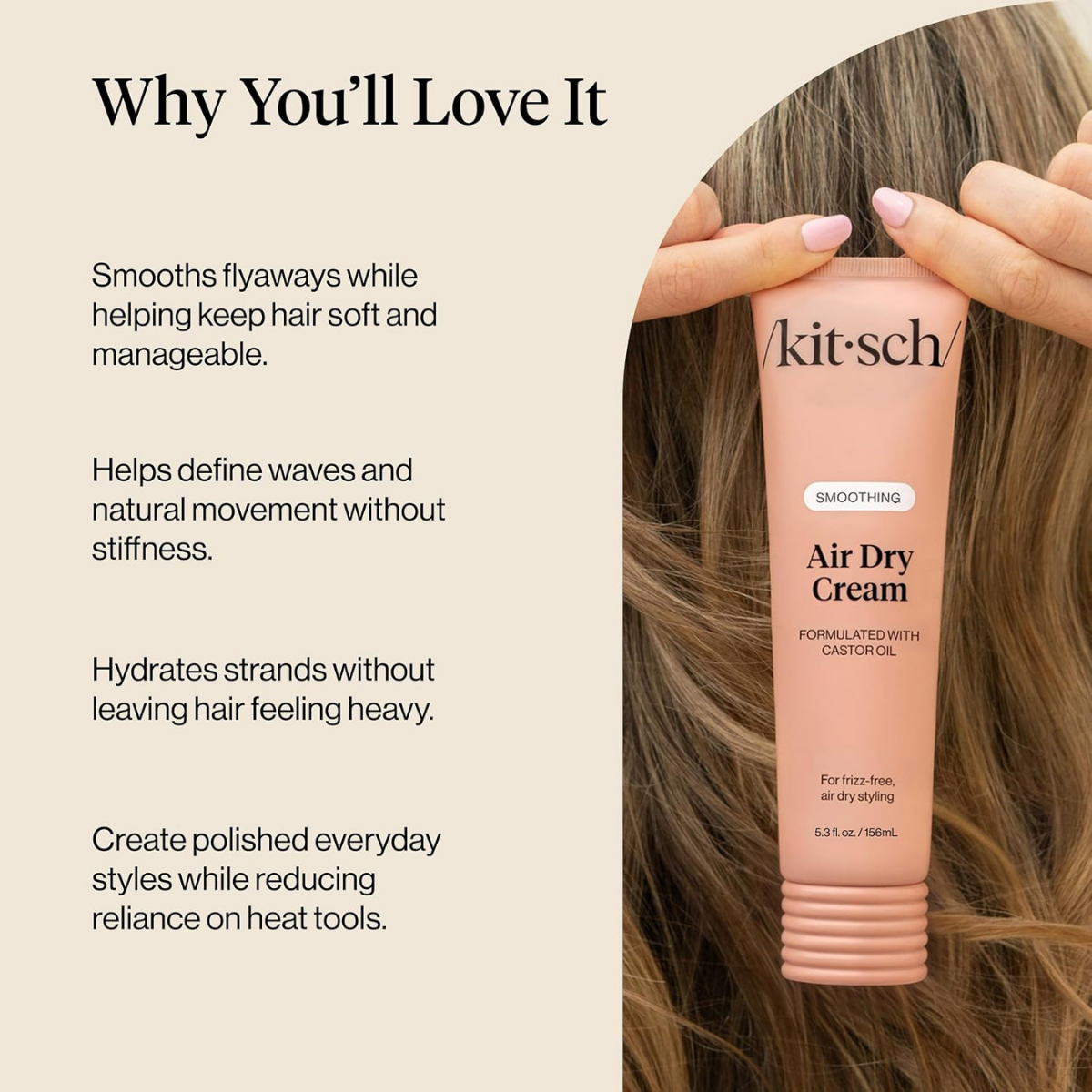 Kitsch Smoothing Air Dry Cream for Hair – Frizz Control Hair Care Product with Castor Oil & Coconut Oil– Weightless Styling Cream- Enhances Natural Texture Appearance