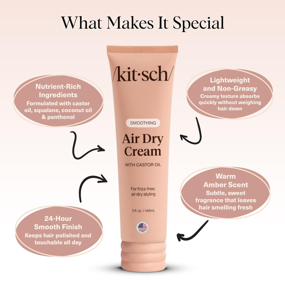 Kitsch Smoothing Air Dry Cream for Hair – Frizz Control Hair Care Product with Castor Oil & Coconut Oil– Weightless Styling Cream- Enhances Natural Texture Appearance