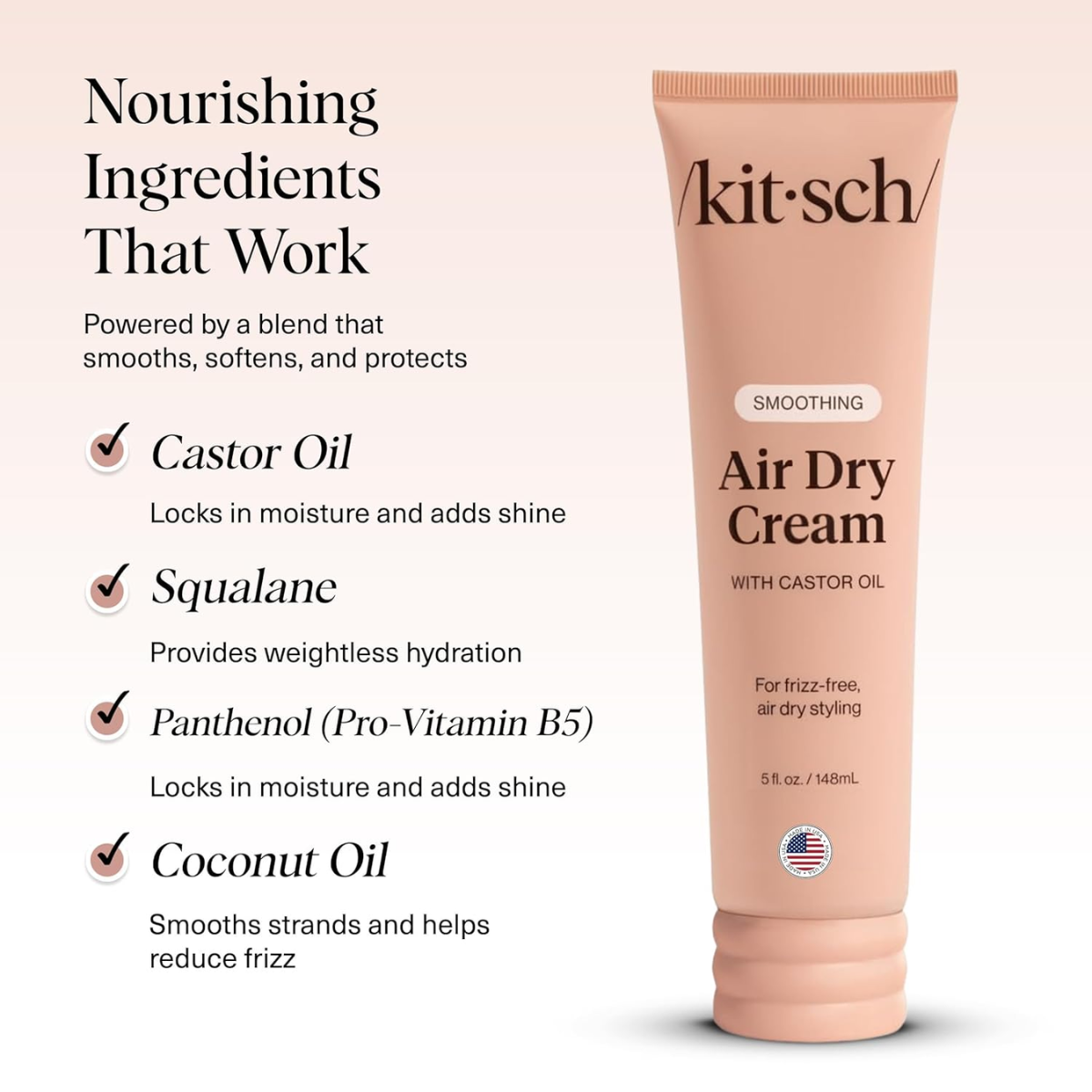 Kitsch Smoothing Air Dry Cream for Hair – Frizz Control Hair Care Product with Castor Oil & Coconut Oil– Weightless Styling Cream- Enhances Natural Texture Appearance