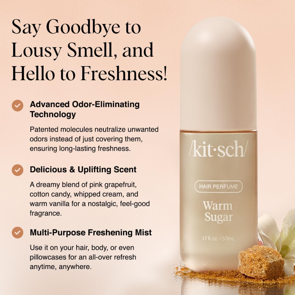 Kitsch Hair Perfume for Women - Warm Sugar | Clean, Deodorizing & Patented Odor-Eliminating Technology Hair Spray & Body Mist - Freshen Hair, Body & Pillows - Pink Grapefruit & Vanilla Scent - 50mL
