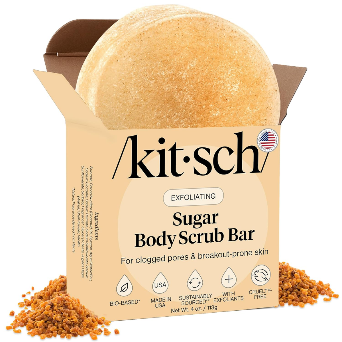 Kitsch Exfoliating Sugar Scrub for Body – All Natural Body Scrub Bar Soap for Smooth, Hydrated & Glowing Skin - Vegan Soap Bar Exfoliator for Men and Women - Made in the USA - 113g
