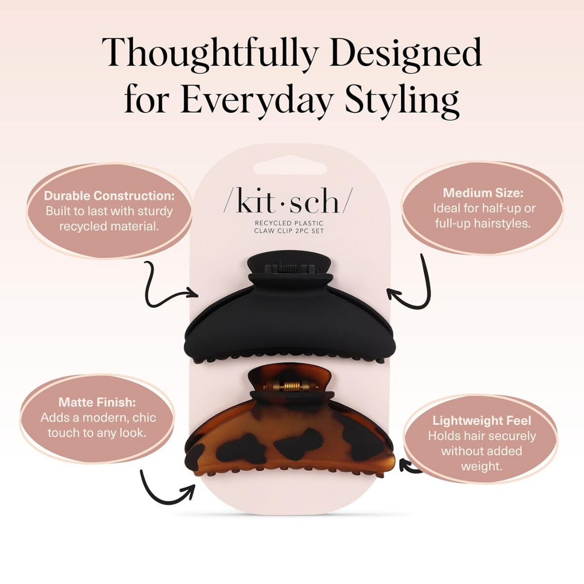 Kitsch Medium Hair Clips for Women, Strong Hold, Recycled Plastic Claw Clips for Thick Hair | Great for Updo, Half Up Hairstyle | Ideal Gifts for Women - 2pcs, Black and Tort