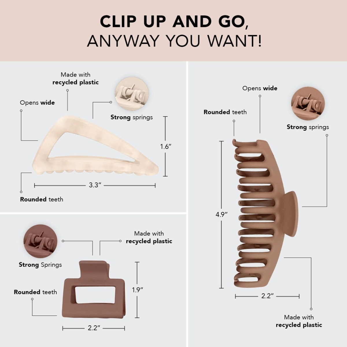 Kitsch Large Assorted Hair Clips for Women, Medium Open Shape Hair Claw Clips for Thick Hair, Small Open Shape Hair Clip & Big Claw Clip for Teen Girls | Ideal Gifts for Women, 3 pcs