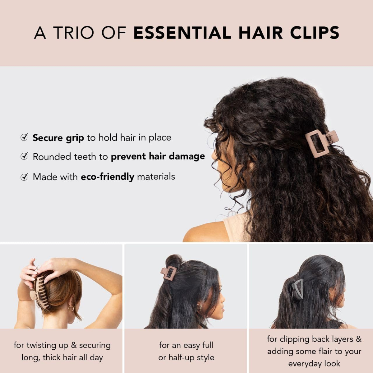 Kitsch Large Assorted Hair Clips for Women, Medium Open Shape Hair Claw Clips for Thick Hair, Small Open Shape Hair Clip & Big Claw Clip for Teen Girls | Ideal Gifts for Women, 3 pcs