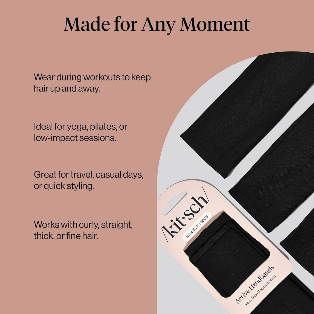 Kitsch Headbands for Women Non Slip - Running Headbands for Girls, Ideal for Working Out, Yoga, Gym, or Lounging | Stretchy Head Bands | Fashion Hair Accessories - Black, 3pcs