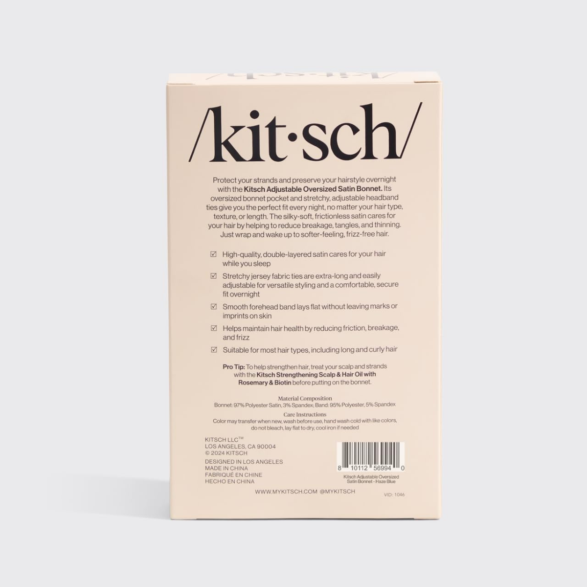 Kitsch XL Satin Bonnet for Sleeping - Softer Than Silk Hair Bonnet for Women - Secure Fit, Adjustable Night Cap for Curly & Textured Hair - Prevents Breakage, Tangles & Thinning - Charcoal