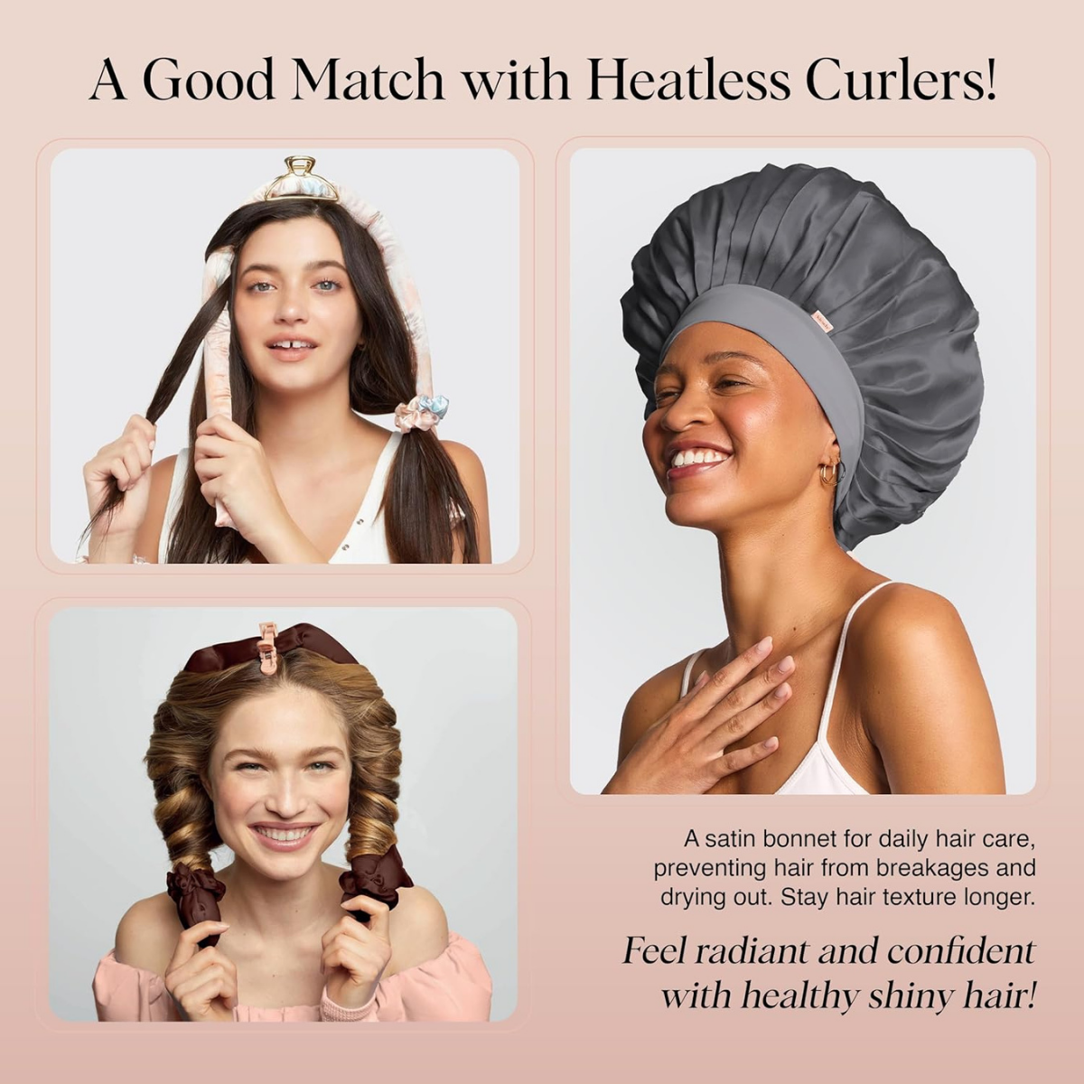 Kitsch XL Satin Bonnet for Sleeping - Softer Than Silk Hair Bonnet for Women - Secure Fit, Adjustable Night Cap for Curly & Textured Hair - Prevents Breakage, Tangles & Thinning - Charcoal