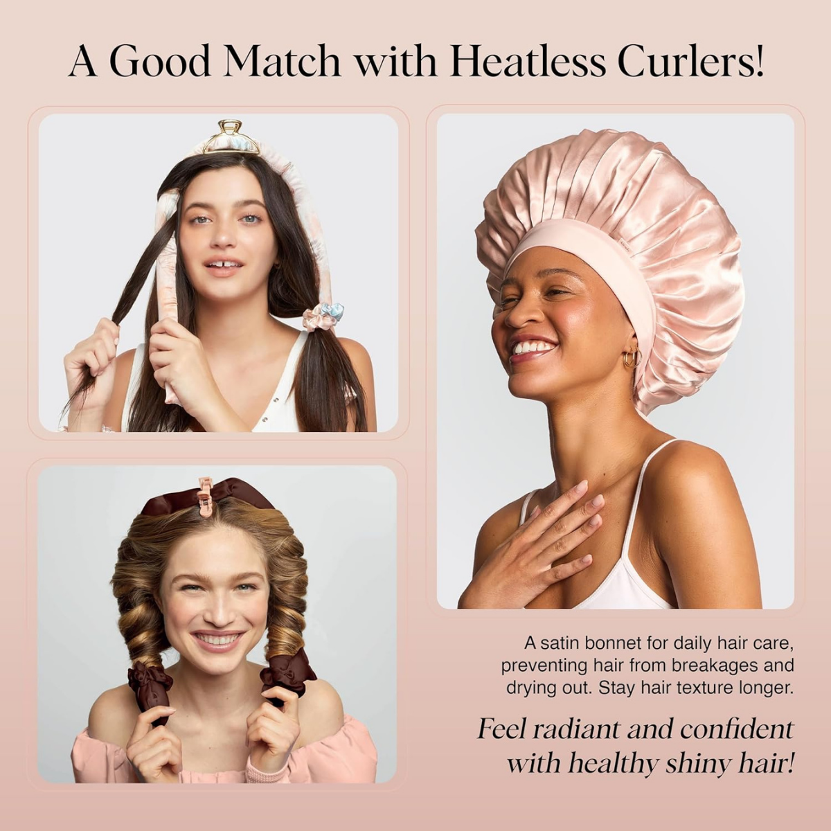 Kitsch XL Satin Bonnet for Sleeping - Softer Than Silk Hair Bonnet for Women - Secure Fit, Adjustable Night Cap for Curly & Textured Hair - Prevents Breakage, Tangles & Thinning - Blush