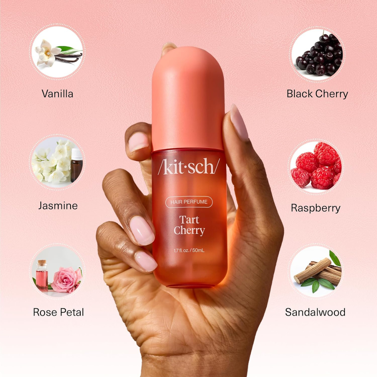 Kitsch Hair Perfume for Women - Tart Cherry | Clean, Deodorizing & Patented Odor-Eliminating Technology Hair Spray & Body Mist - Freshen Hair, Body & Pillows - Fruity Gourmand Scent & Vanilla - 50mL | For Women, Clean, Deodorizing, Freshen Hair, Body