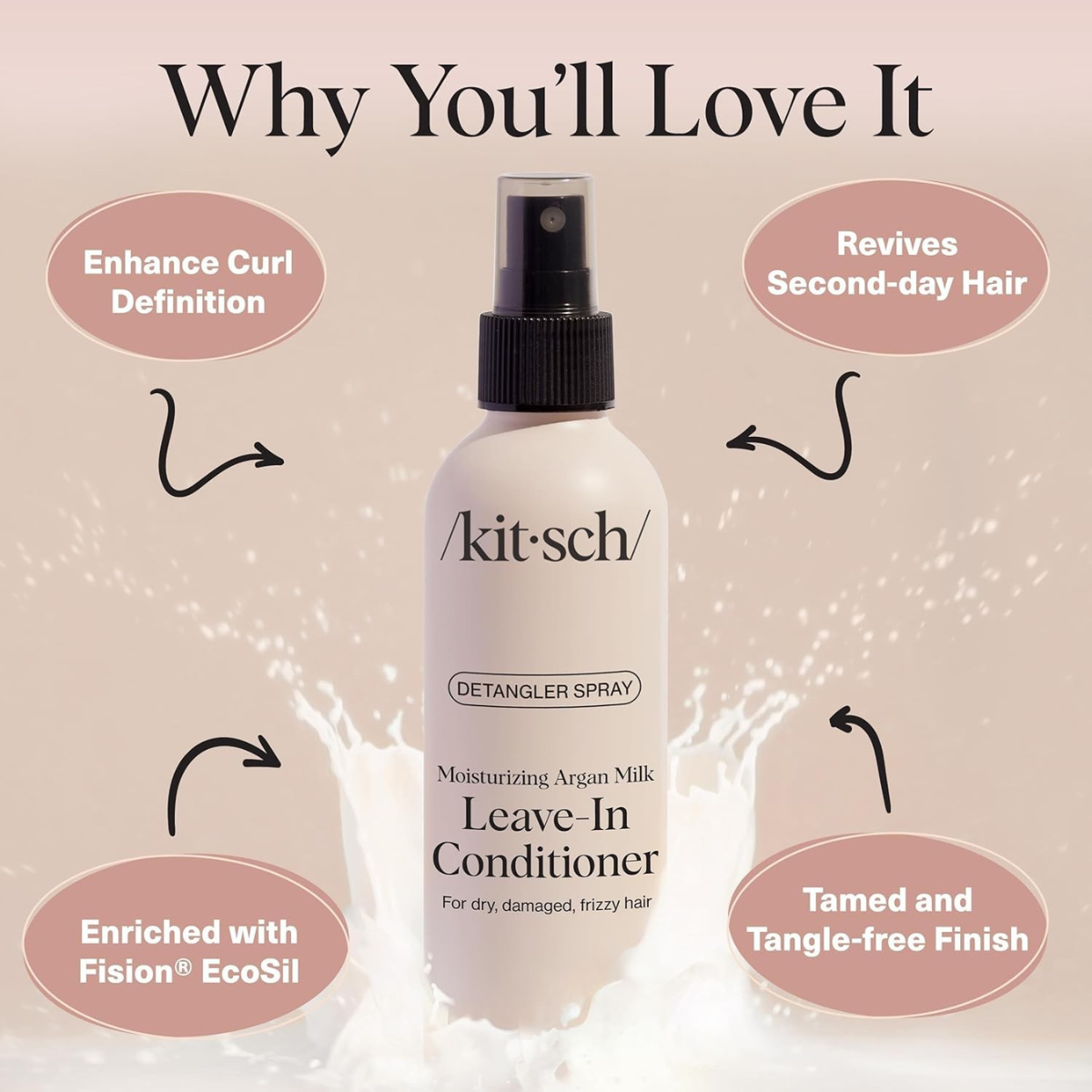 Kitsch Argan Milk Leave In Conditioner Spray – Hair Detangler Spray for Curly, Wavy, Fine, Dry & Damaged Hair - Silicone-Free | Ideal Gifts for Women