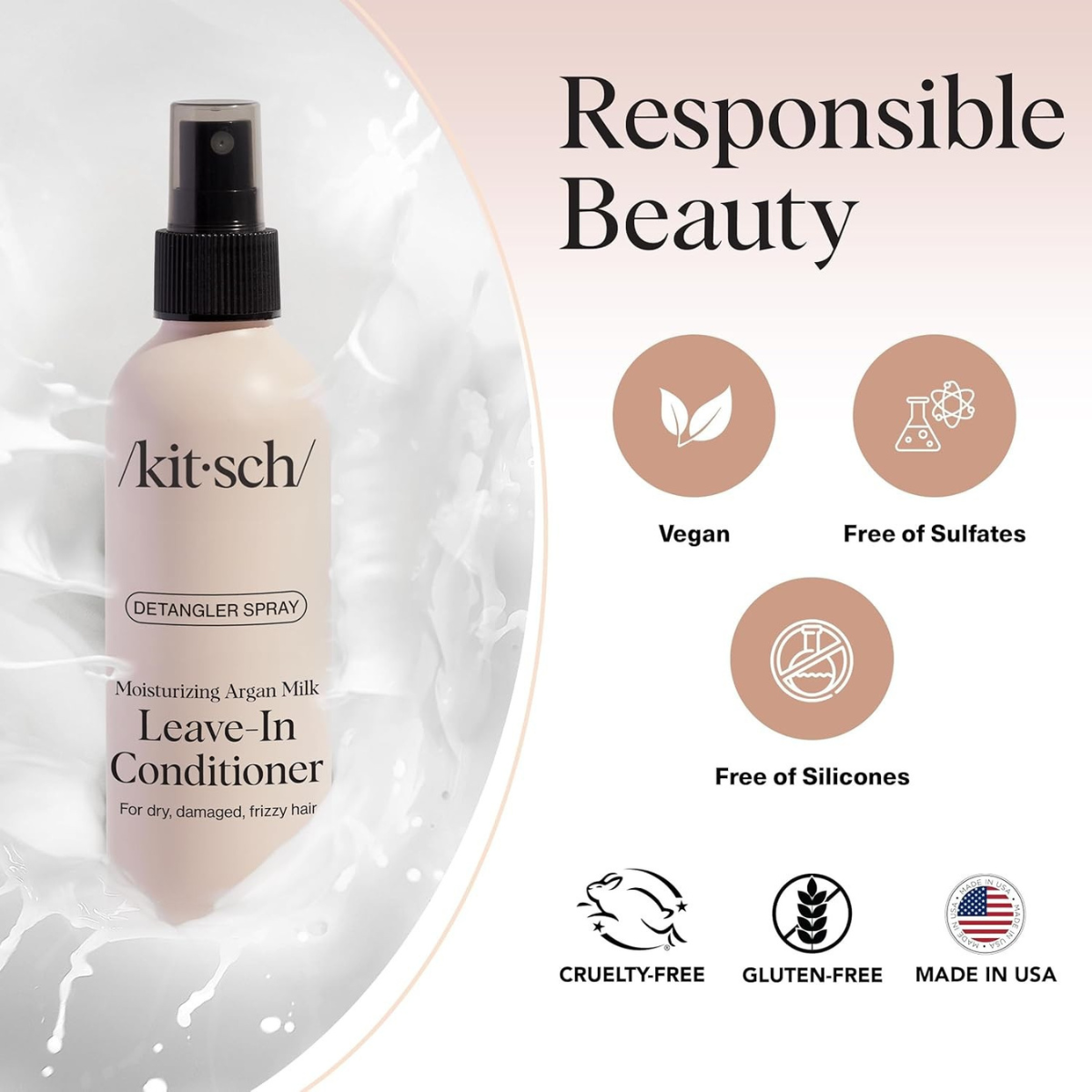 Kitsch Argan Milk Leave In Conditioner Spray – Hair Detangler Spray for Curly, Wavy, Fine, Dry & Damaged Hair - Silicone-Free | Ideal Gifts for Women