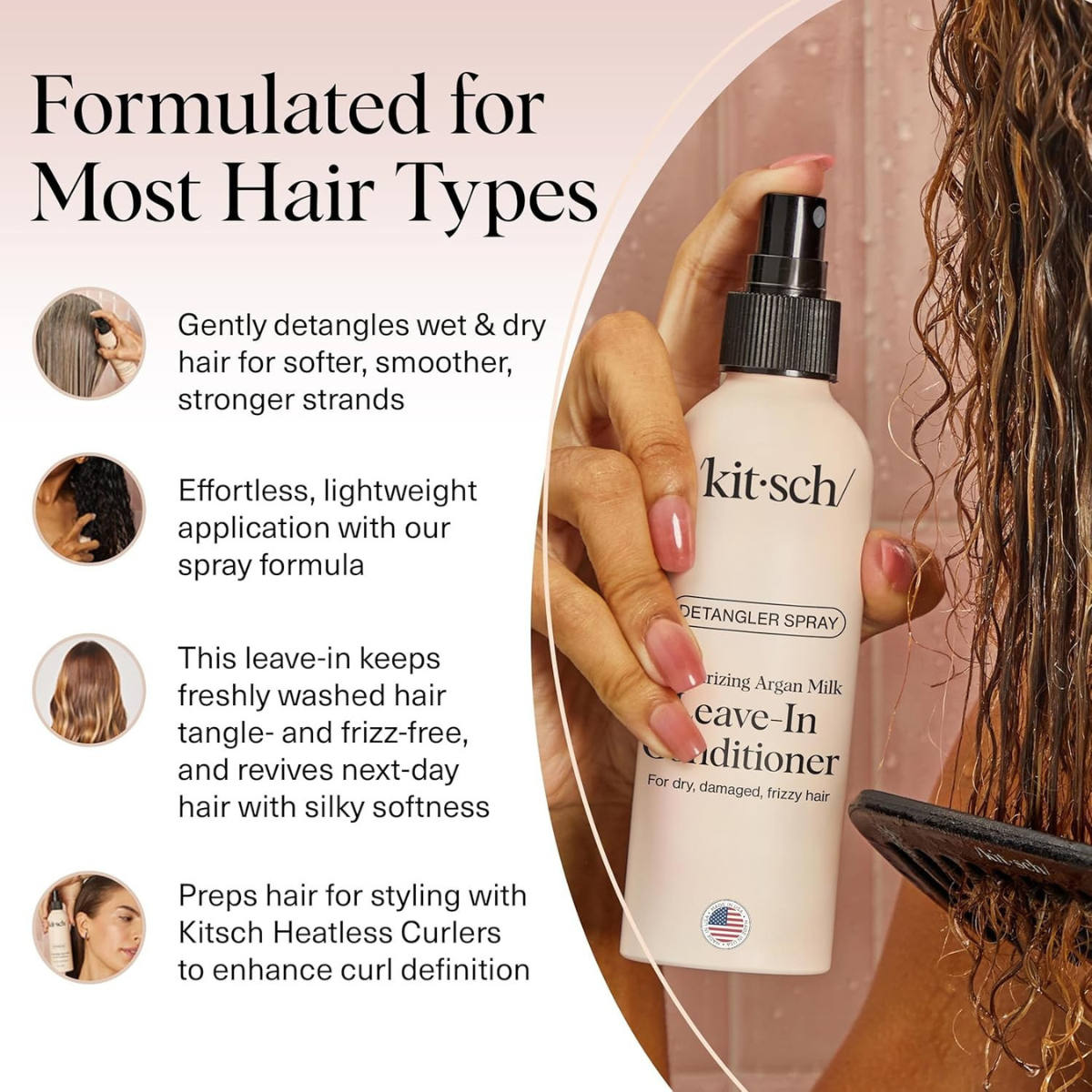 Kitsch Argan Milk Leave In Conditioner Spray – Hair Detangler Spray for Curly, Wavy, Fine, Dry & Damaged Hair - Silicone-Free | Ideal Gifts for Women