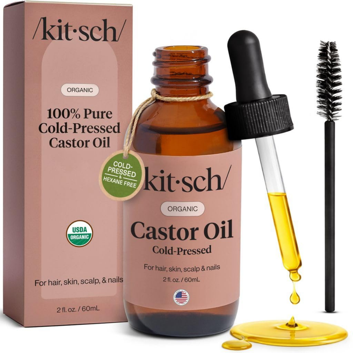 Kitsch Organic Castor Oil for Hair Growth - 100% Pure Castor Oil, Organic Cold Pressed Unrefined Glass Bottle for Face, Skin, Lashes, Brows, Scalp, Nails & Belly Button | Ideal Gifts for Women - 60 mL